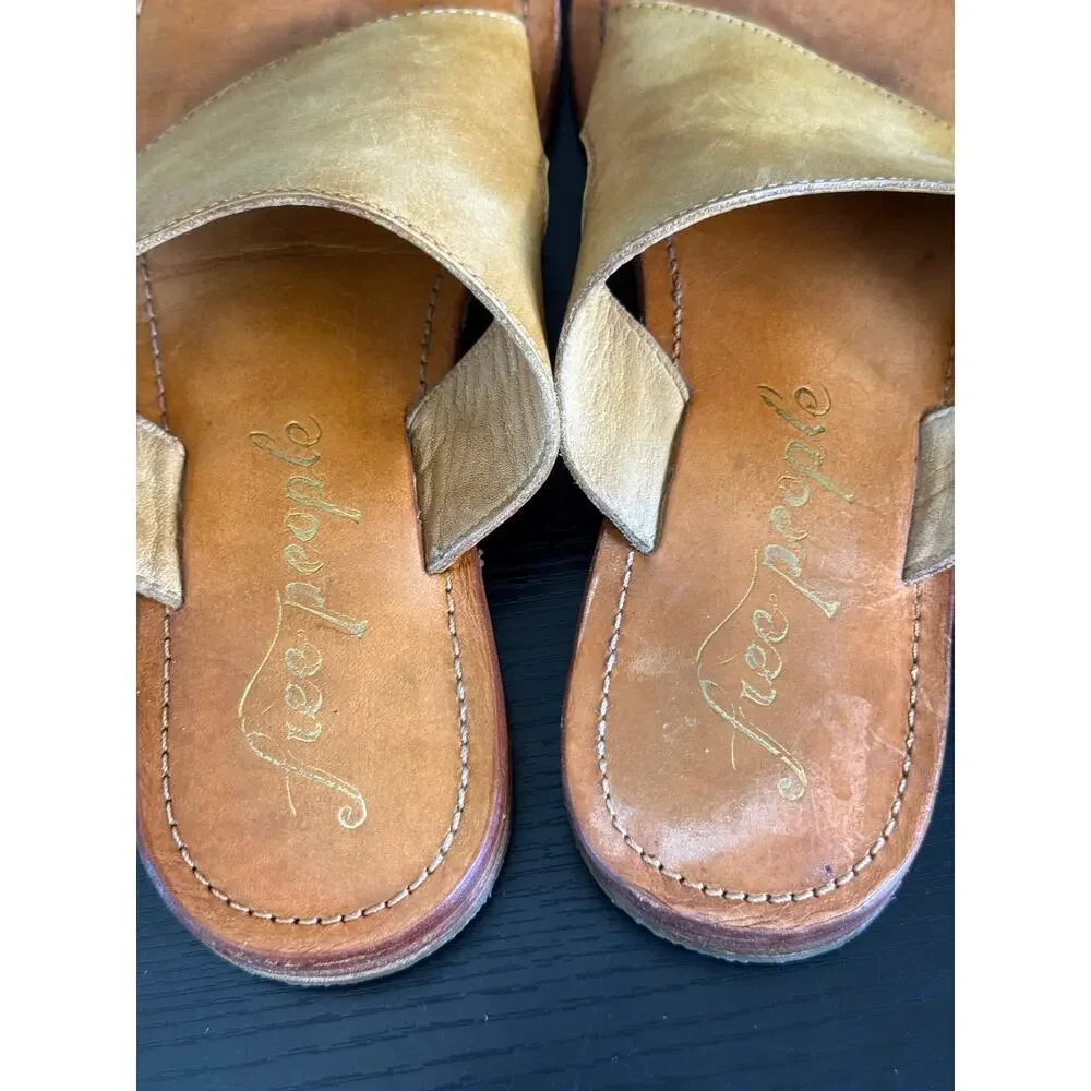 Free People Leather Toe Ring Slide Sandals Mustard Yellow EU 38 Boho